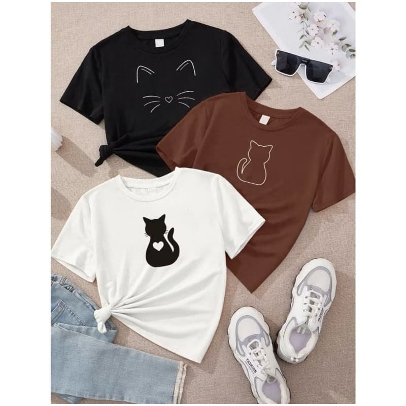 Blusa feminina kit de 3 camisetas KIT DE GATINHOS estampa colegial algodão