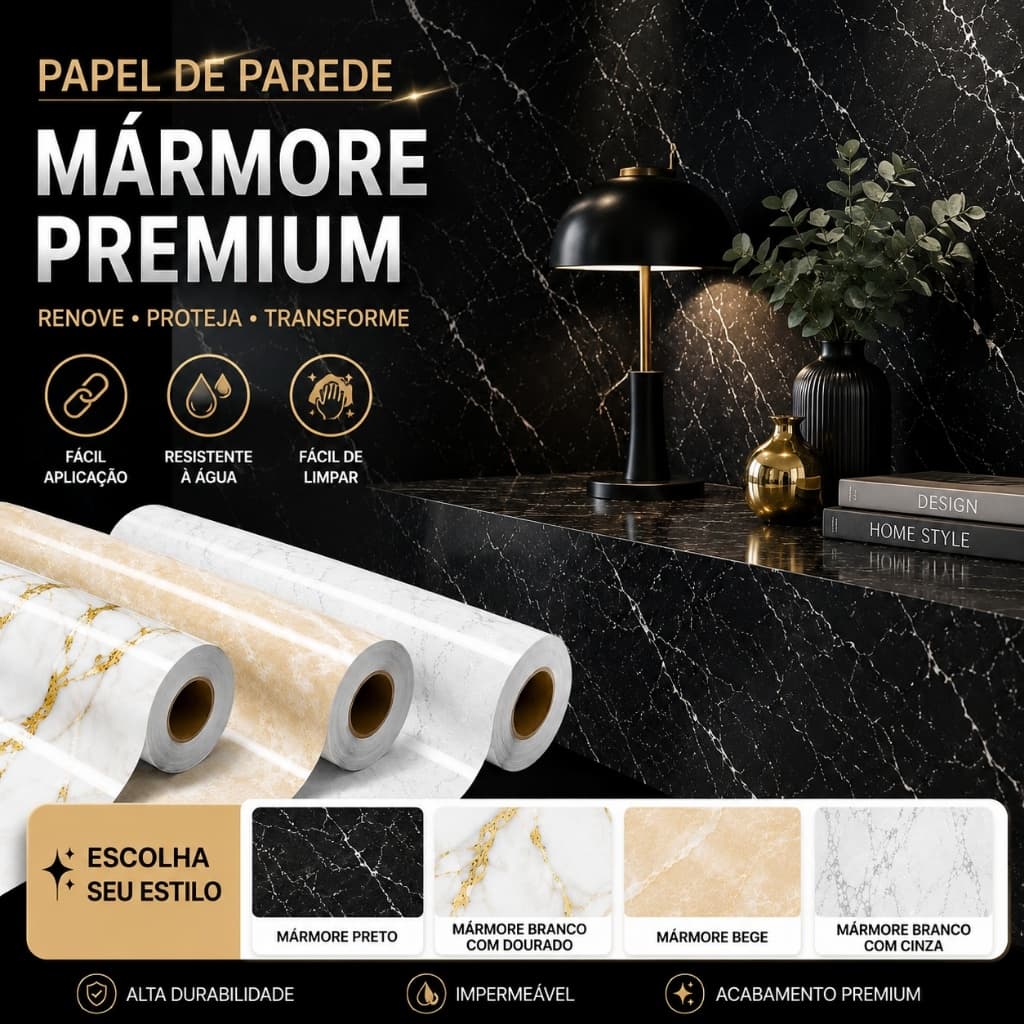 Papel de Parede Mármore 3D Adesivo Branco Preto Dourado Impermeável Lavável para Cozinha Banheiro 5m Resistente ao Calor