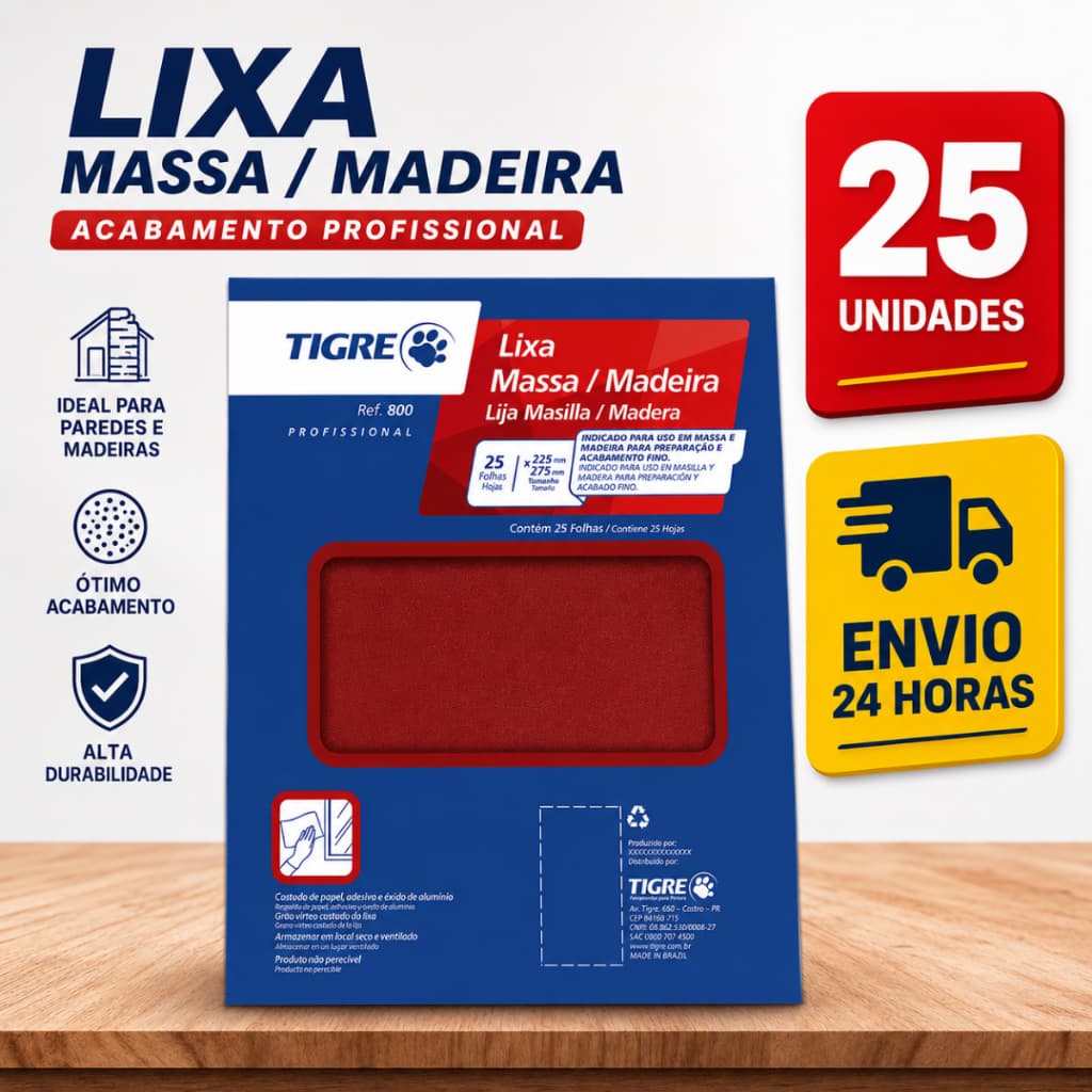 Kit 25 Lixas Tigre Para Massa Madeira Parede Gesso Grãos 60 ao 220 Alta Durabilidade