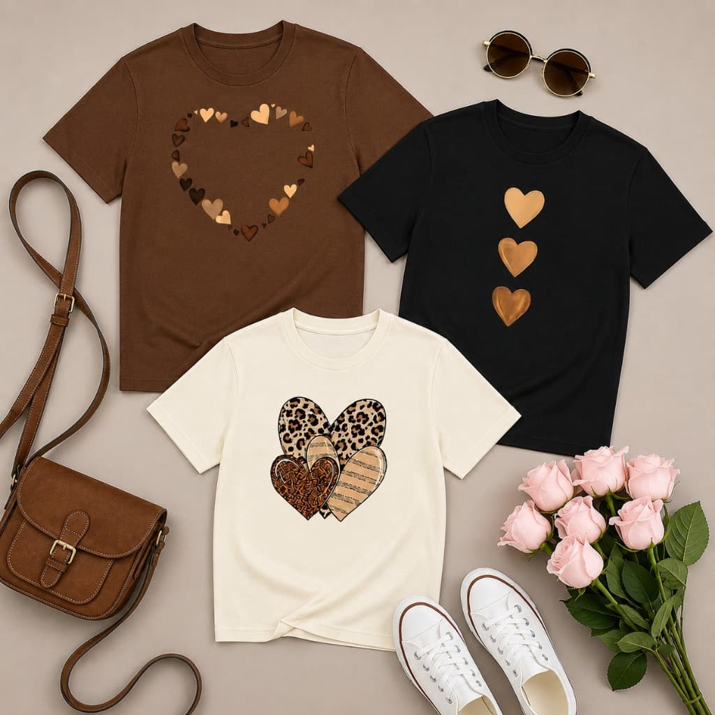 Kit 3 Camisetas Femininas Estampadas Corações Tendência Moda 100% Algodão