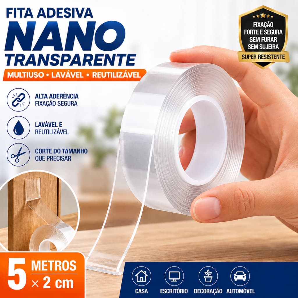 Fita Nano Dupla Face Transparente 3m ou 5m Silicone Alta Fixação Para Parede Porta Espelho Vidro
