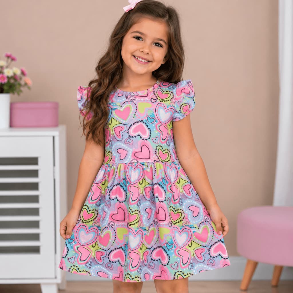 Vestido Infantil Estampa de Corações do Tamanho 1 ao 10 Anos | Vestido para Menina Confortável e Fresquinho