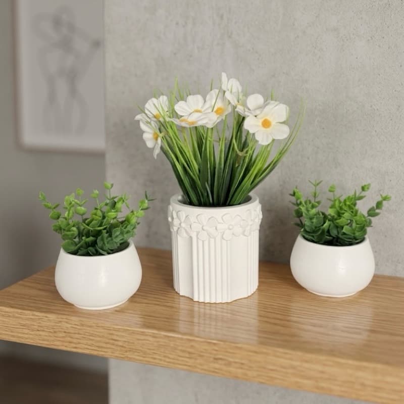 kit 3 vasos modernos de gesso, vaso flores, vaso redondo, plantas artificiais, matinho verde