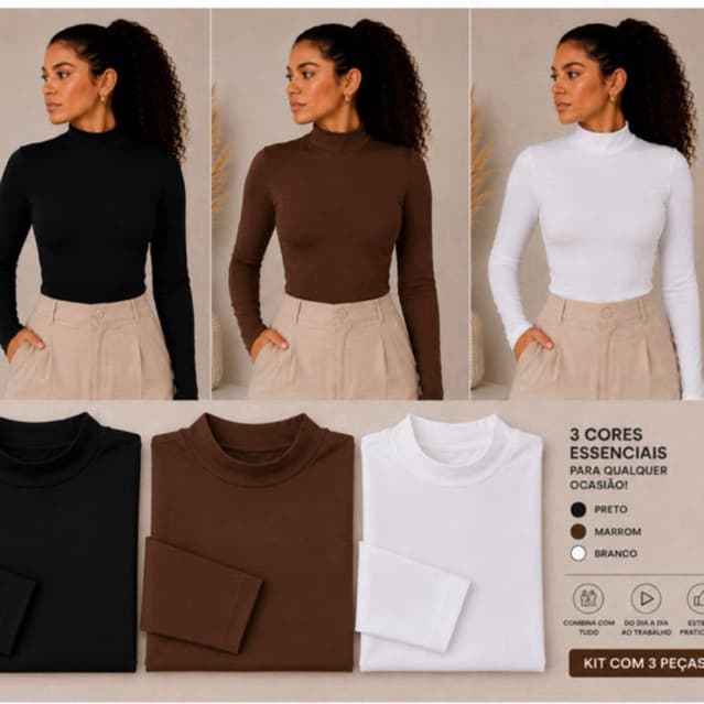 Kit 3 Blusas Femininas Manga Longa Malha Romantic Premium P ao GG