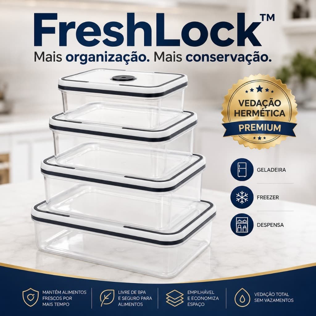 Kit 4 Potes Herméticos FreshLock™ Quadrados com Tampa Vedação Organizador para Geladeira Freezer e Despensa