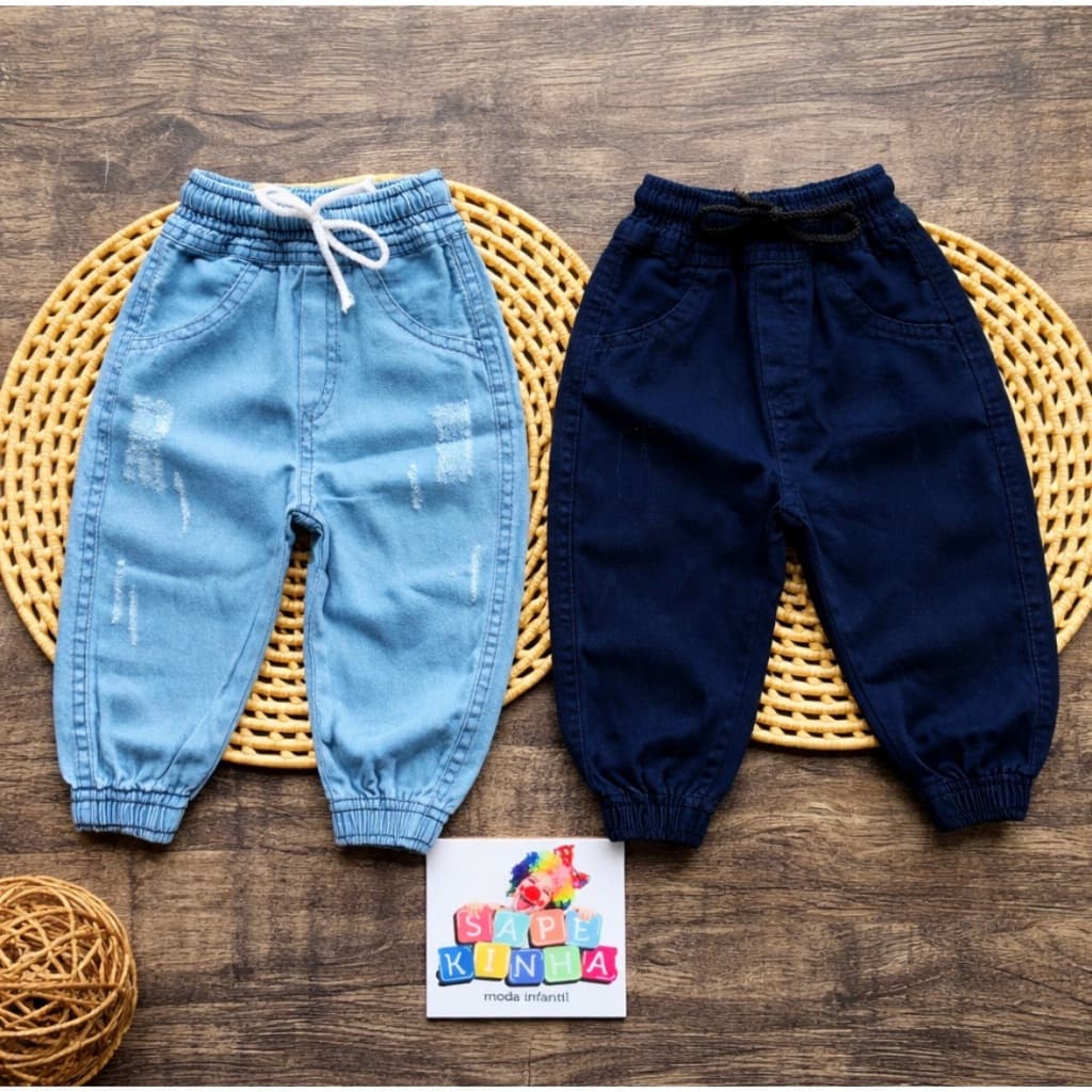 Calça Jeans Jogge Lisa Bebê e Infantil RN,1,2,4,6 Com Elástico Perna e Cintura com Cordão
