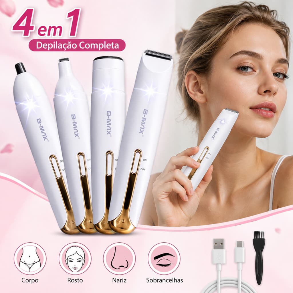 Depilador Multifuncional Feminino 4 em 1 Barbeador Aparador Pelos Rosto e Corpo USB Recarregável