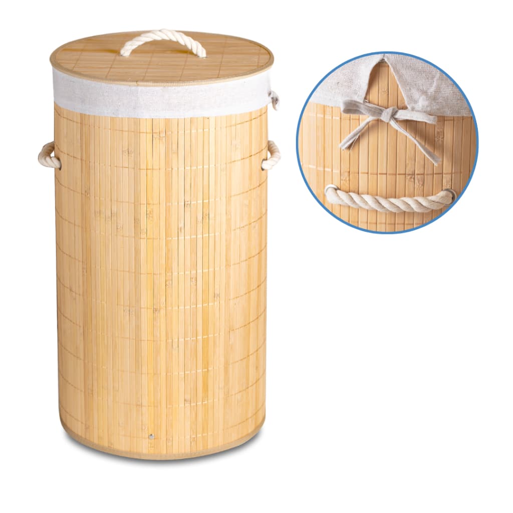Cesto De Roupa Bambu Dobrável 60 Litros Lavanderia Banheiro Redondo