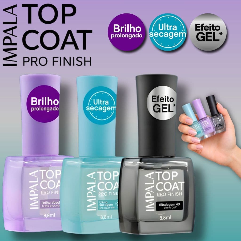 Kit Top Coat Impala Pro Finish Brilho Prolongado Ultra Secagem 90s Efeito Gel Blindagem 4D Lançamento Esmalte Atacado