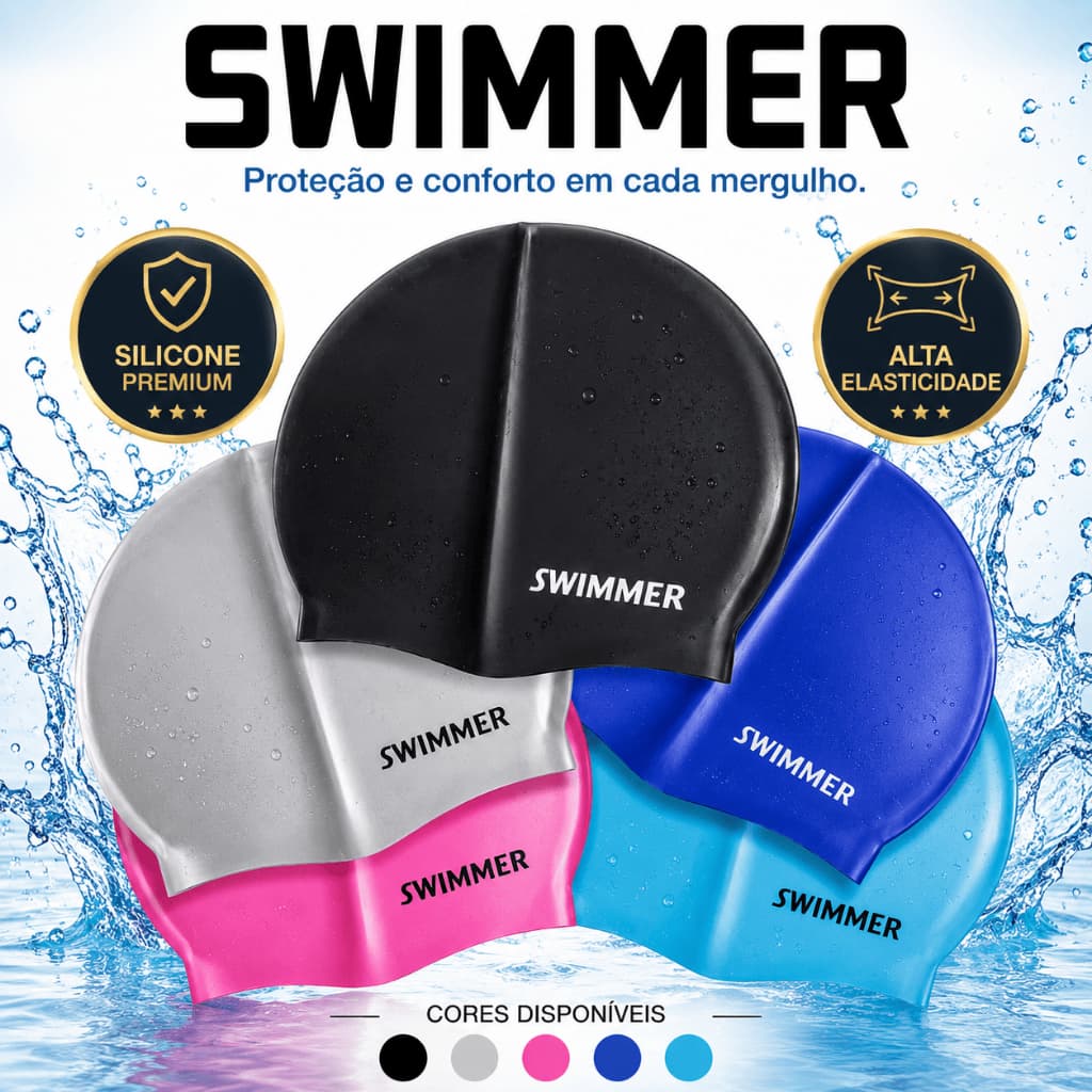 Touca de Natação Silicone Impermeável SWIMMER Adulto Juvenil Unissex Piscina Hidroginástica