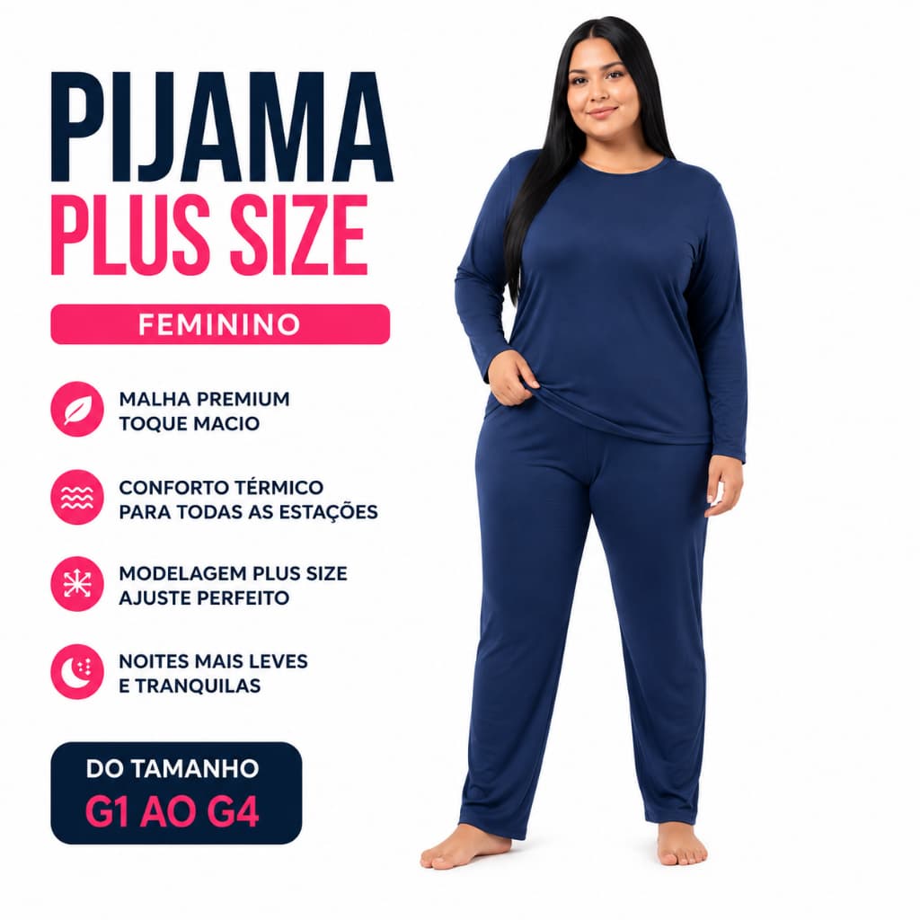 Pijama Plus Size Feminino Manga Longa Malha PV Premium (G1 ao G4)