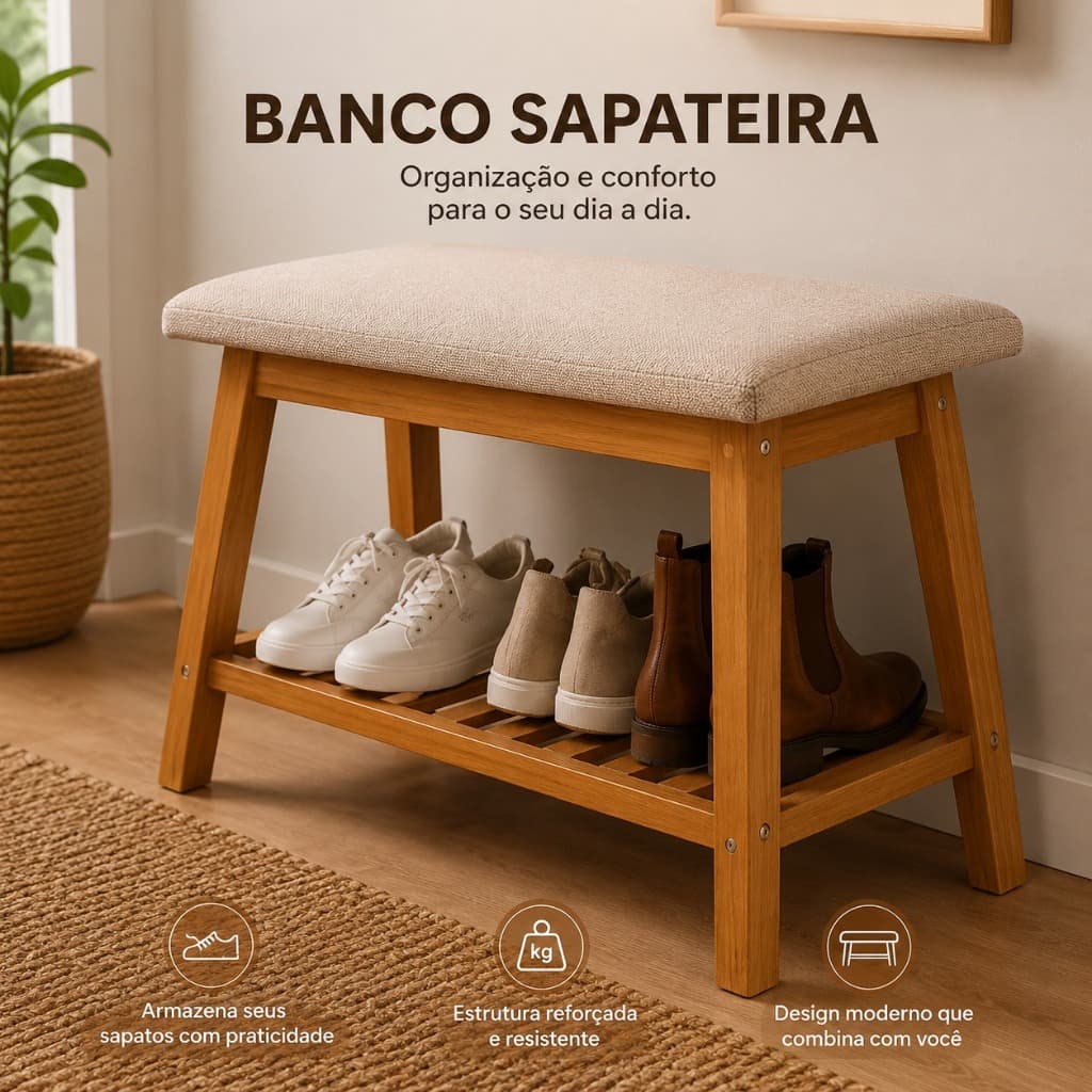 Banco Sapateira Organizador Estofado 1 Lugar Puff Decorativo para Quarto Entrada