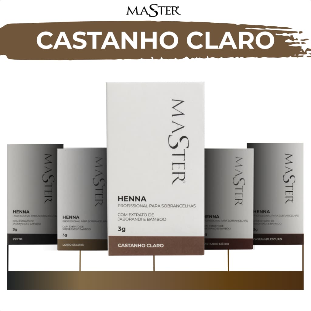 Master Henna Profissional para Design de Sobrancelhas, Tom Castanho Claro, 3g, com Fixador Intensificador 20ml, Pigmenta