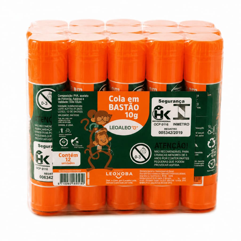 Cola Bastão 10g Leo&Leo Pacote com 12 Unidades - Cola Escolar Atóxica Alta