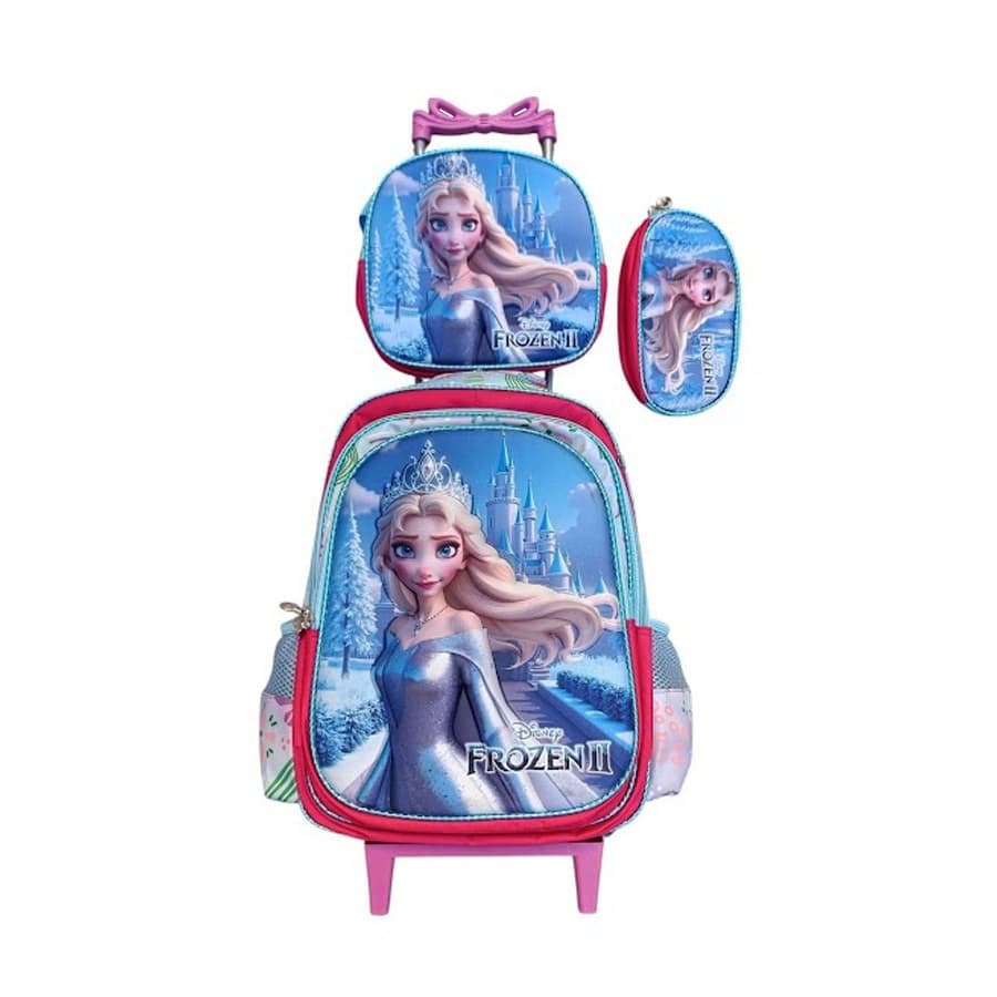 Kit Mochila da Frozen em 3 D com Rodinhas + Lancheira Térmica + Estojo Escolar Infantil em Alto Relevo