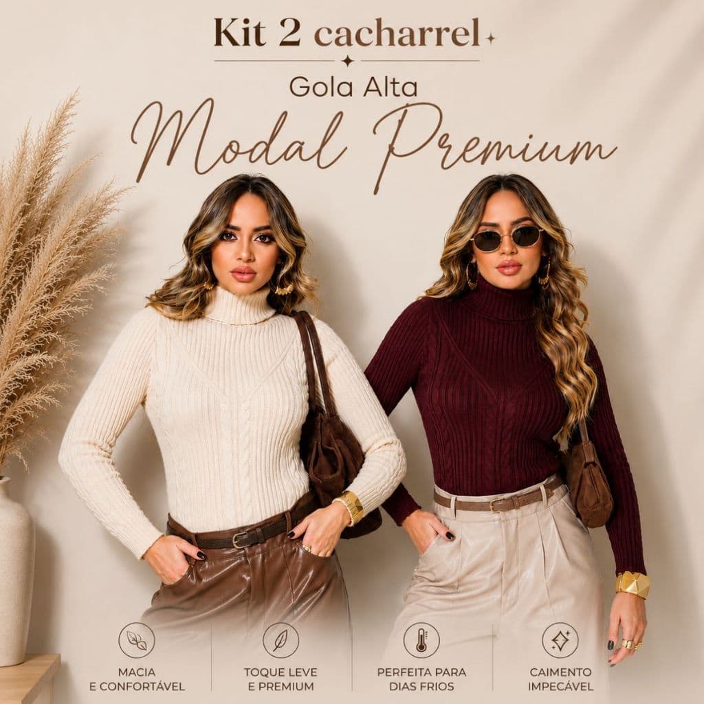 Kit 2 Cacharrel Tricot Modal Gola Alta com Elasticidade Confortável Blusa de Frio