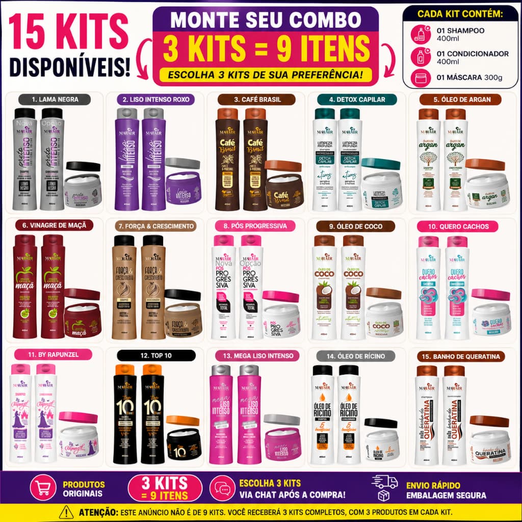 Kit Shampoo Atacado 09 Itens Belkit Mahair Charmelle Babablu