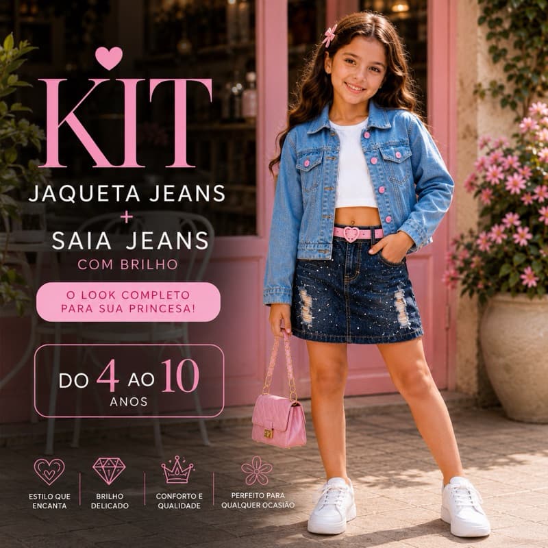 Kit Econômico Infantil Jaqueta Jeans Premium + Saia Jeans com Brilho e Cinto Rosa | 4 ao 10 Anos