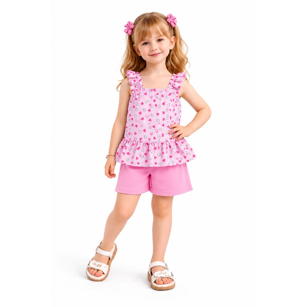 CONJUNTO INFANTIL MENINA ENCANTO LISTRADO BLUSA COM BABADO+SHORT