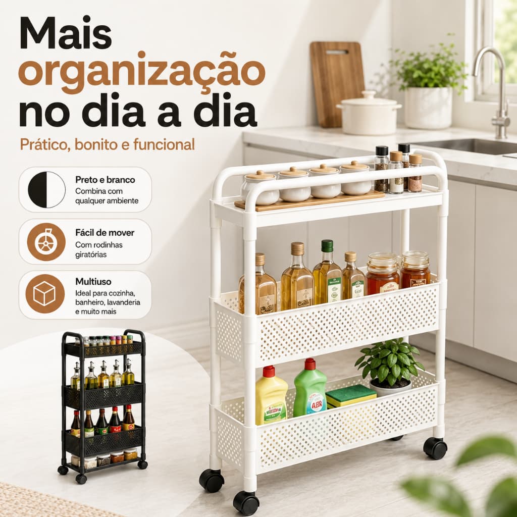 Carrinho Organizador Slim 13cm com Rodinhas 3 ou 4 Prateleiras Multiuso para Cozinha