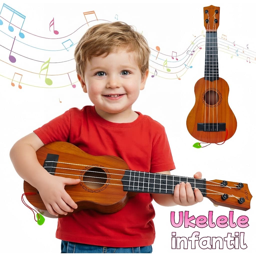Mini Violão Infantil 44cm Ukulele Estampa Amadeirada Nylon Palheta