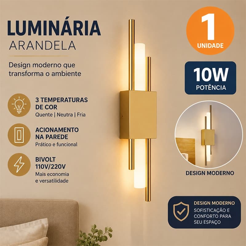 Arandela de Parede LED Dourada Moderna 10W Bivolt, 3 Temperaturas de Cor para Quarto, Cabeceira, Sala e Corredor