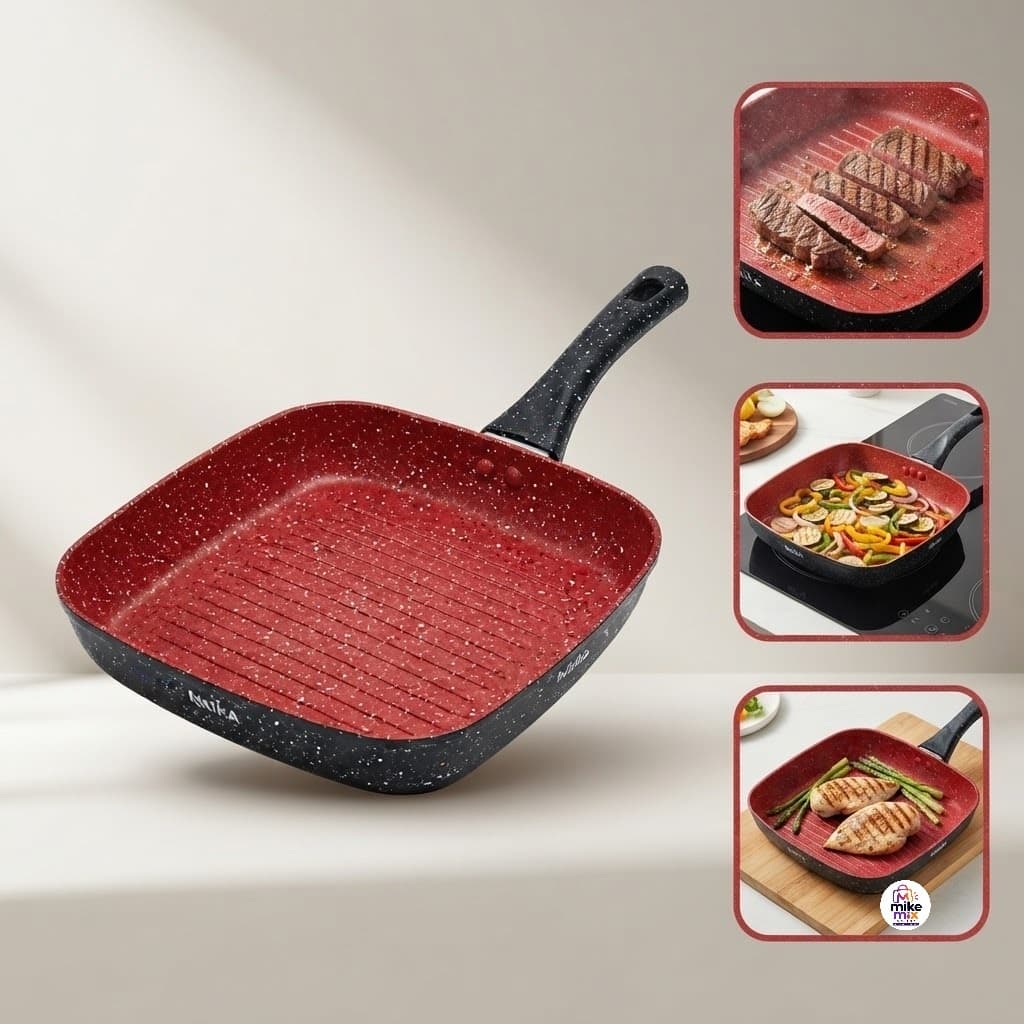 Frigideira Grill Quadrada 24cm Antiaderente Stone para Indução Red Point Cabo Resistente Grelhar Carnes Não Gruda