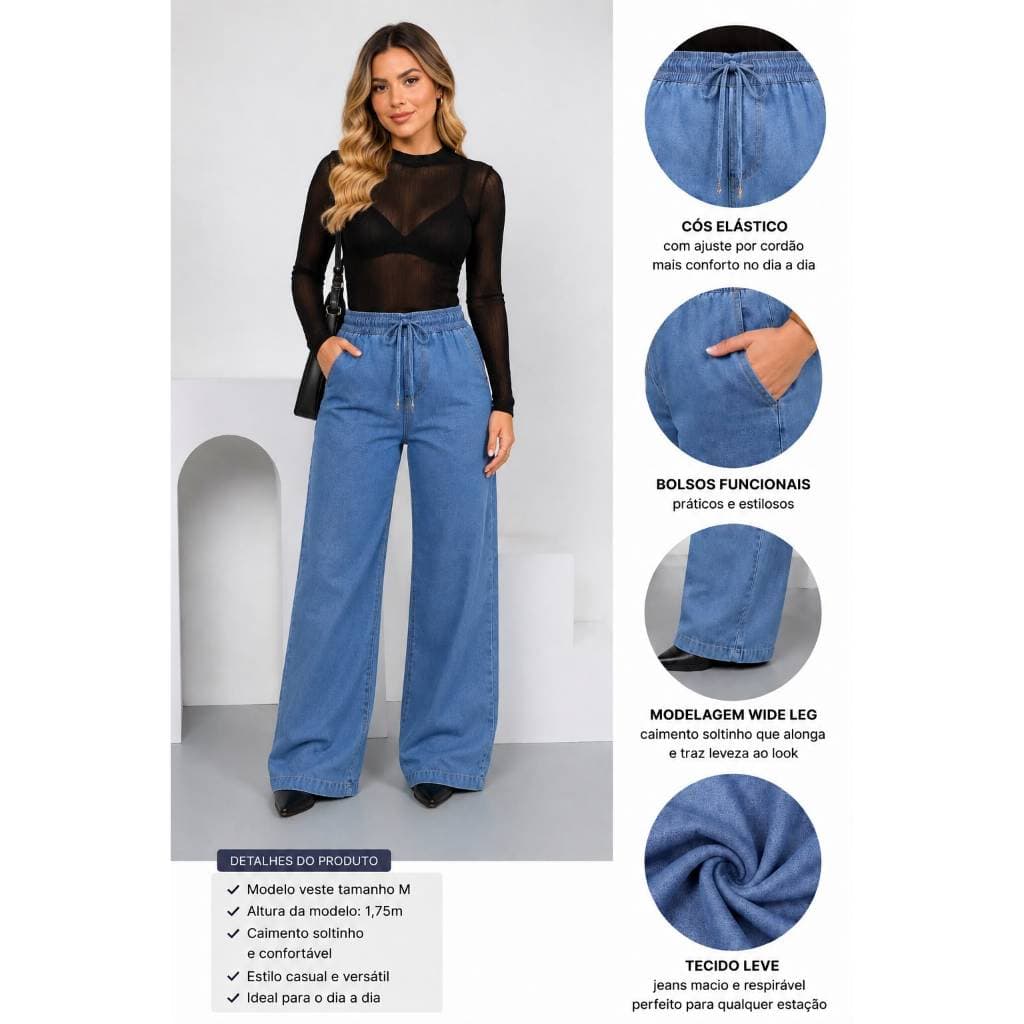 Calça Wide Leg Jeans Feminina 100% Algodão Pantalona