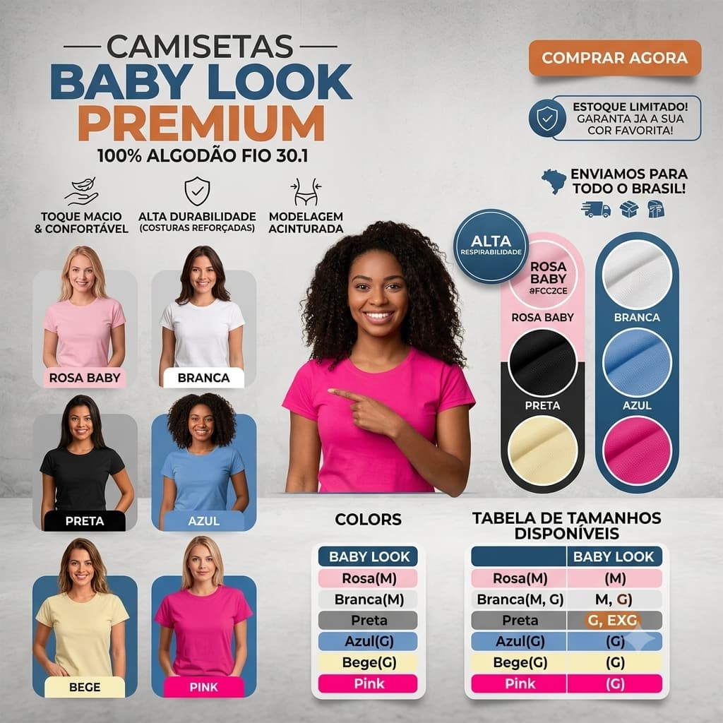 Baby Look Feminina 100% Algodao Fio 30.1 Camiseta Basica Macia Blusinha Confortavel Premium