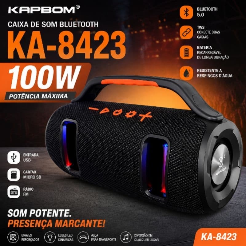 🔥 Caixa de Som KAPBOM KA-8423 – 100W de Potência! Som potente,com LEDs RGB ✔️ Extra Bass ✔️ Qualidade sonora