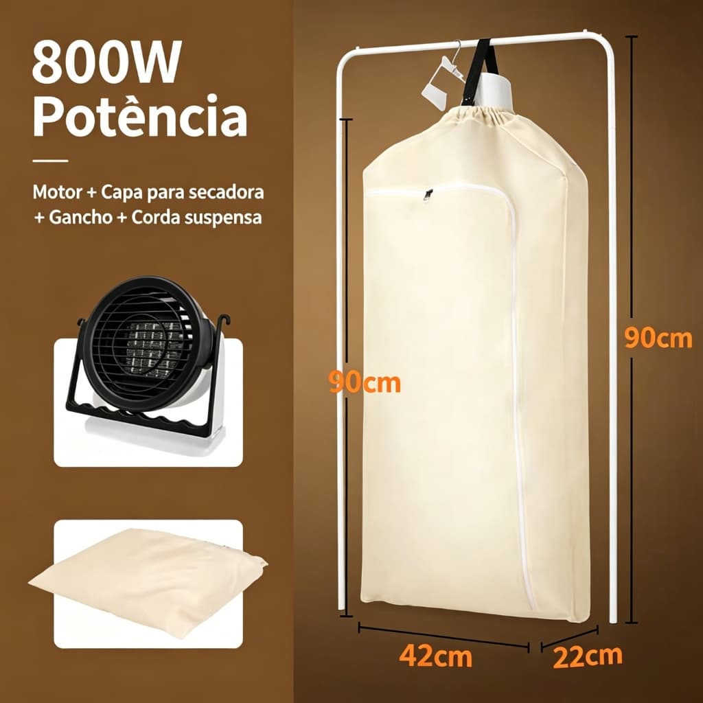 aquecedor Secador de Roupas Elétrico Portátil 800W com Capa Protetora Capacidade para Até 7 Peças de Roupa