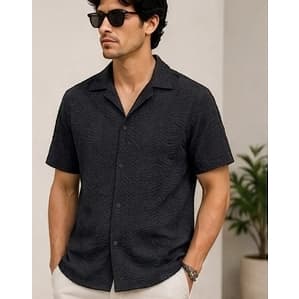 Camiseta Masculina Texturizada Folhagem Camisão De Botão Gola Polo Manga Curta 100% Poliester