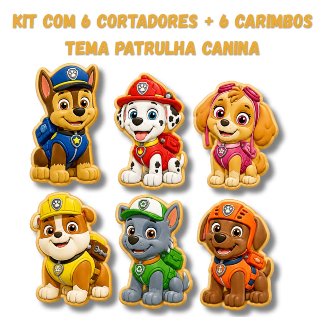 Kit 6 Cortadores de biscoito e marcadores Patrulha Canina - Cookie, Pasta americana, Confeitaria