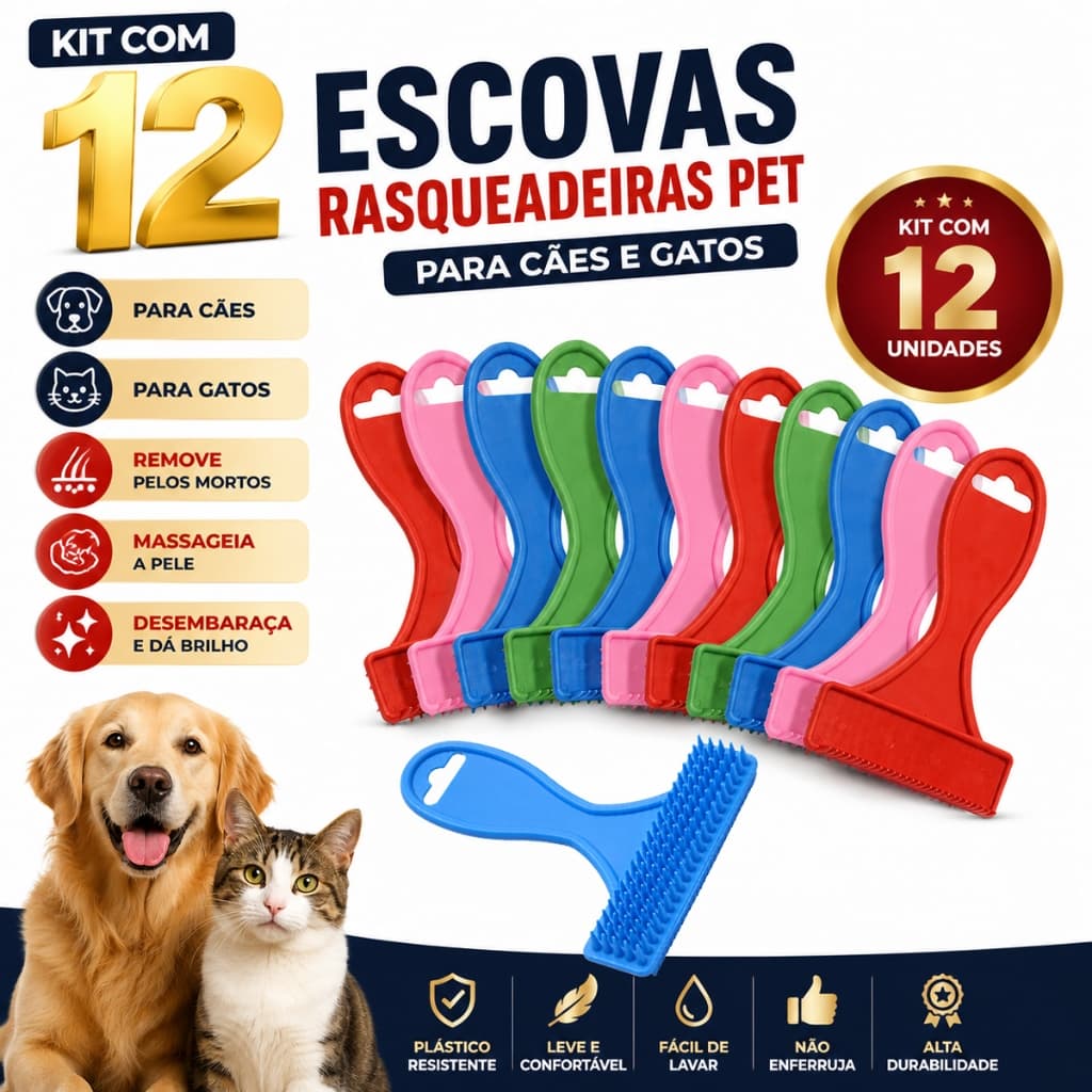 Kit 12 Escovas Rasqueadeiras Plásticas Tira Pelos para Cães e Gatos | Pente Rastelo Massageador Pet | Remove Pelos Morto