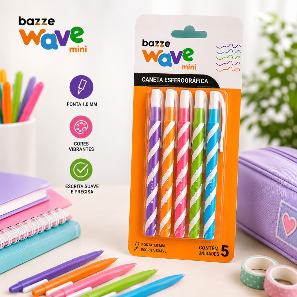 Kit Canetas Esferográficas Bazze Wave Mini 5 Unidades Coloridas 1.0mm Escrita Macia