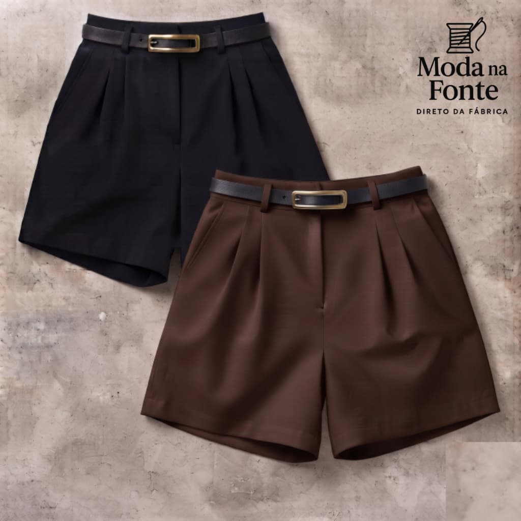 Kit 2 Shorts Alfaiataria Feminino Social com Cinto Cintura Alta com Bolso e Ziper Lateral