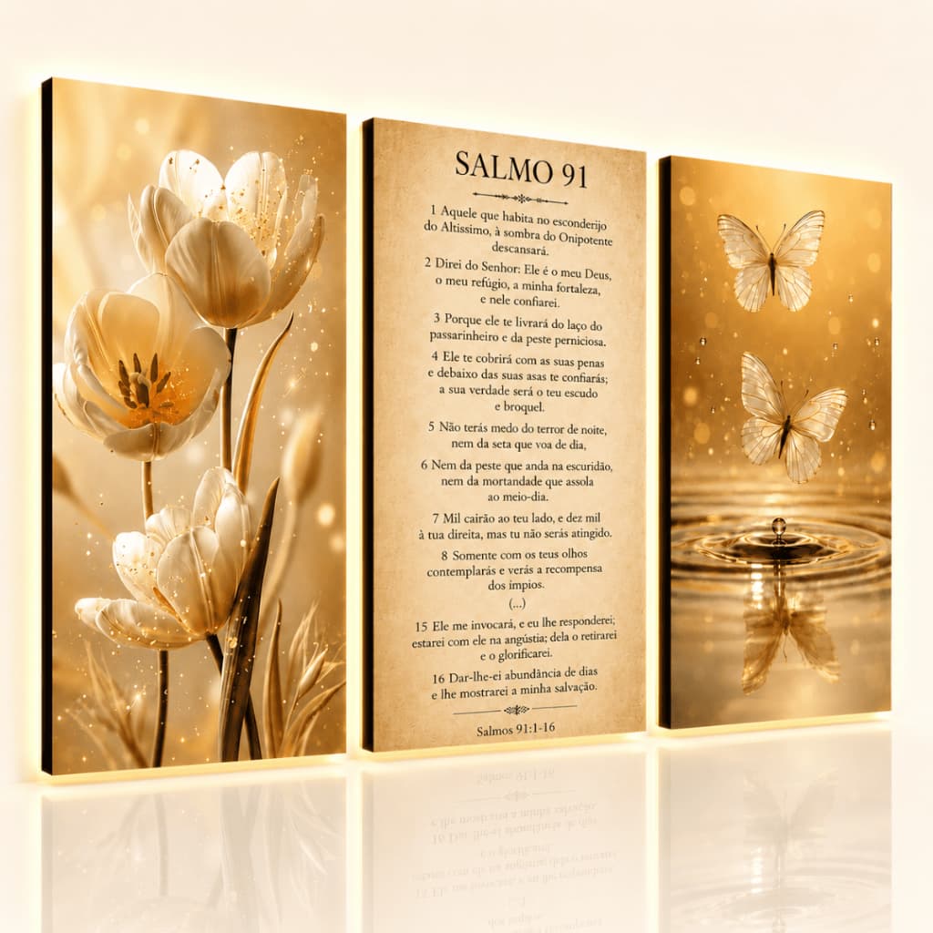 Kit 3 Quadros Decorativos Salmo 91 Completo Flores Borboletas Douradas Cristão Sala Quarto MDF