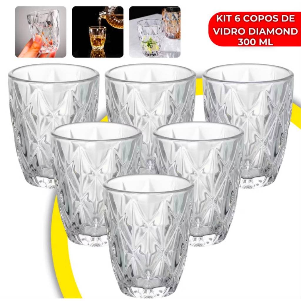 Jogo 6 copos Diamont 300ml Vidro resistente Luxo moderno Transparente jogo de copos chiques