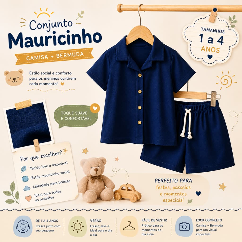 Conjunto KIDS Menino Mauricinho shots + Camisa 1, 2, 4 - conjunto verão fresco praia