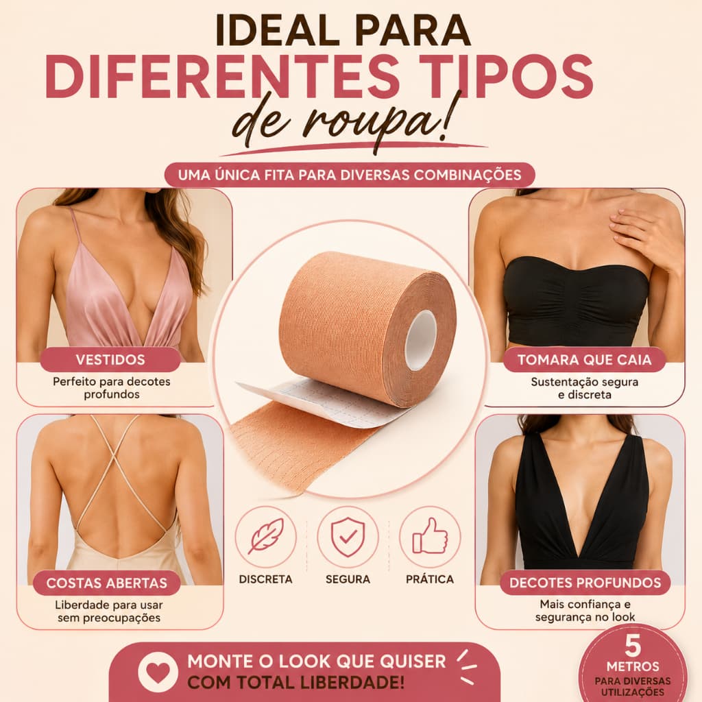 Fita Adesiva Levanta Seios Boob Tape Hipoalergênica 5 Metros Sutiã Invisível Resistente ao Suor BM-F1193