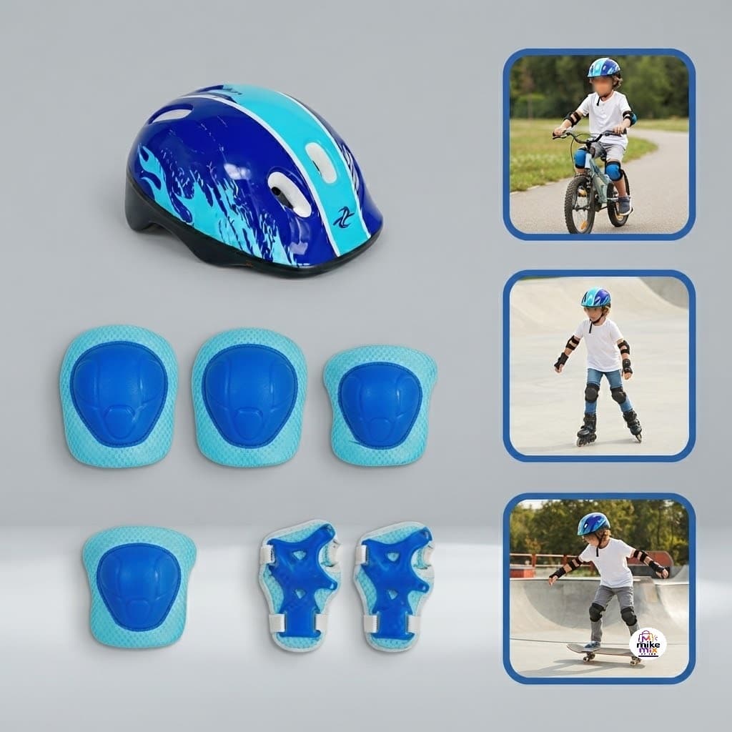 Kit Proteção Infantil 7 Peças Azul Capacete Joelheira Cotoveleira Munhequeira para Bike Patins Skate Patinete
