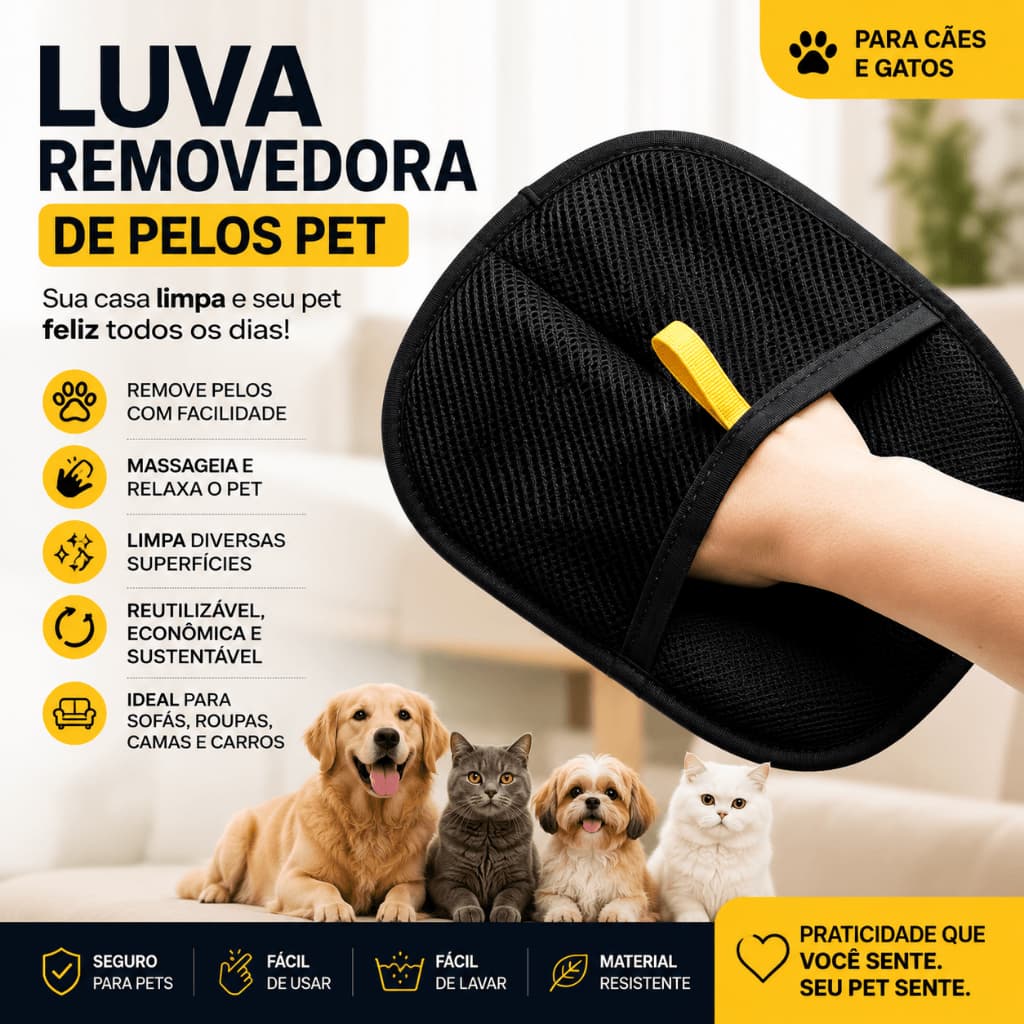 Luva Removedora de Pelos Pet Dupla Face Eletrostática Gato Cachorro Tira Pelos Roupas Sofás Carro