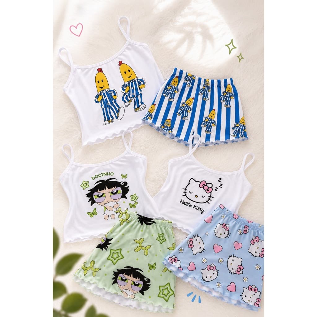 Pijama Baby Doll Feminino Cropped Manga Curta Personagens Variados Malha Confortável