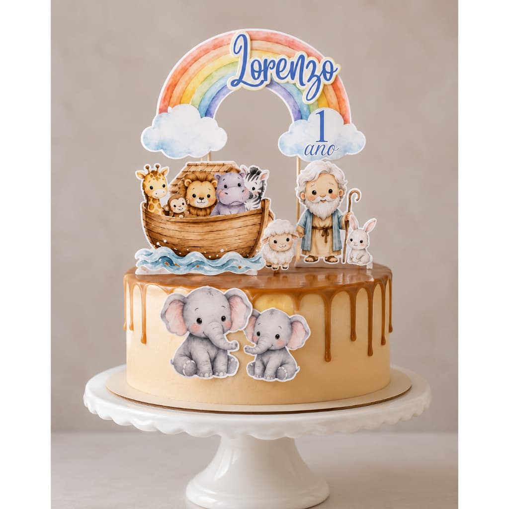 Topo de Bolo Arca de Noé Personalizado | Topper Infantil| Decoração Festa Safari Animais | Nome Personaliz