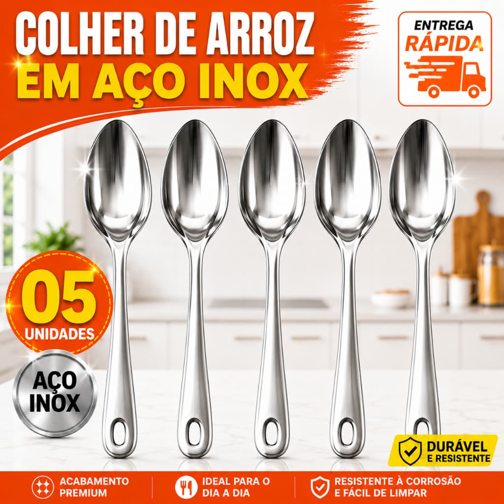 KIT Conjunto Colher De Arroz GRANDE  100 % Aço Inox Profissional Casa Restaurante Buffet Festas Cozinha