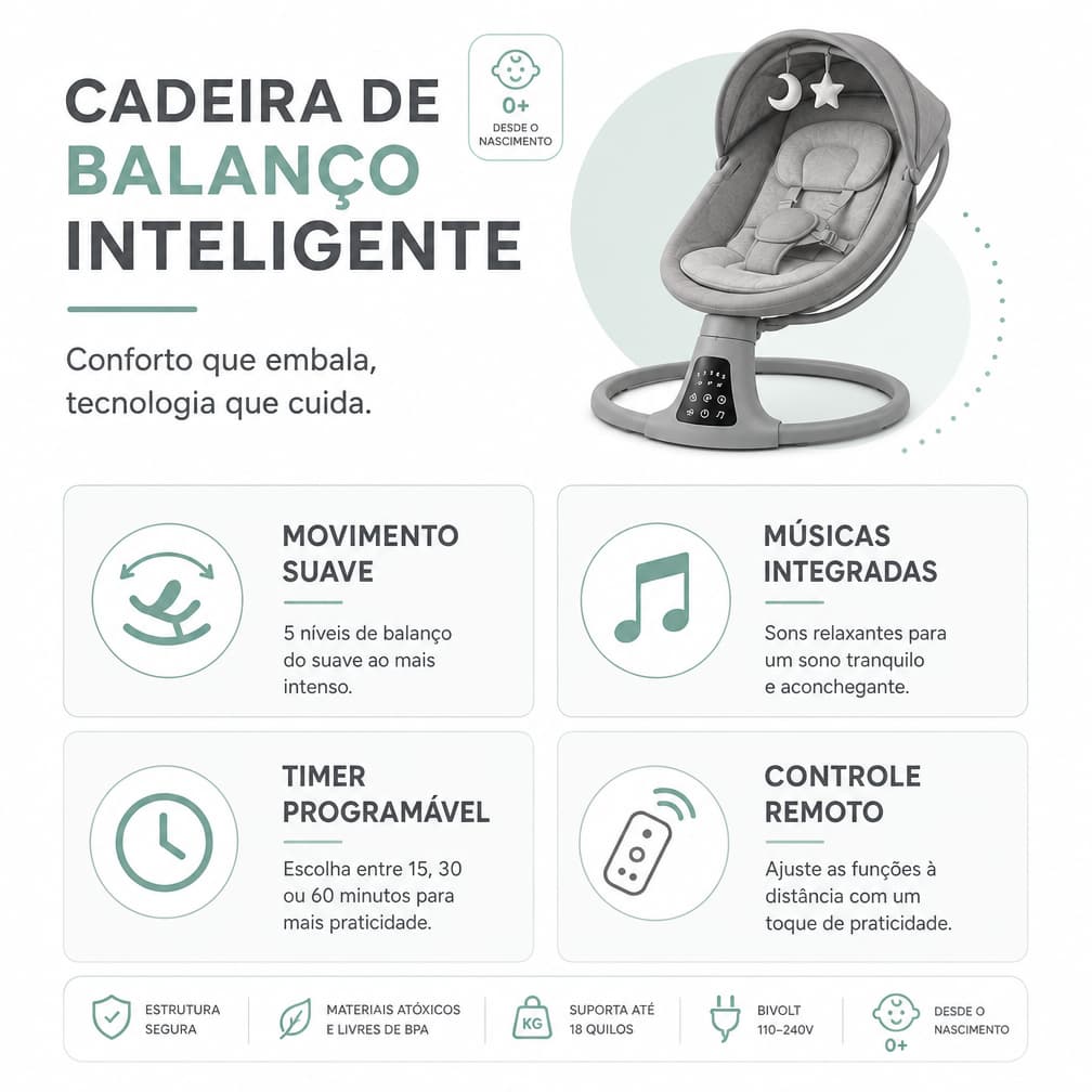 Cadeira de balanço elétrica inteligente para acalmar bebês, com controle remoto e conectividade Bluetooth.