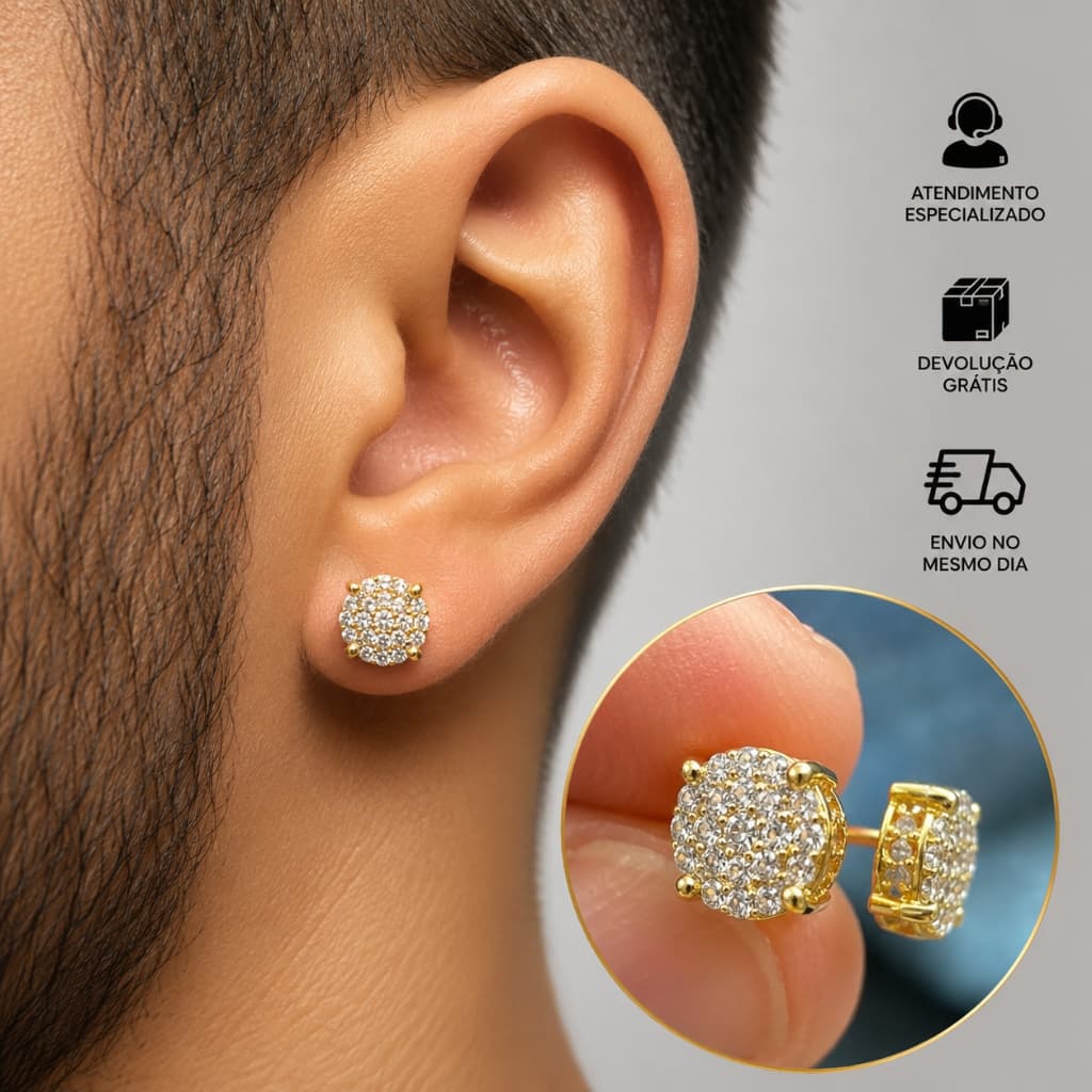 Brinco Masculino de Ouro C/ Pedras Brilhantes de Zircônia Banhado a Ouro 24k Brinco Cravejado