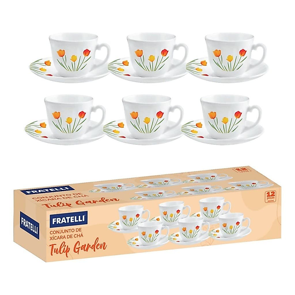Jogo 6 Xicaras com Pires Tulip Garden Porcelana Fratelli Decorado 220ml
