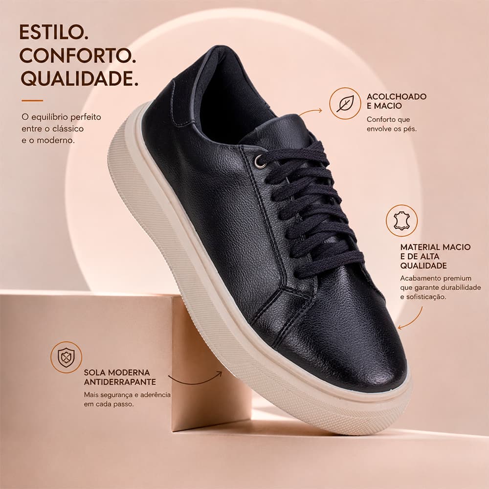 Sapato Masculino Tênis Casual Básico Preto Cadarço Sola Reta Original Street Couro Sintético Skatista Gym Academia