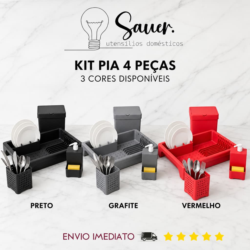 Kit Pia 4 Peças Escorredor Louça + Lixeira + Dispenser + Porta Talher Acquamar Jade